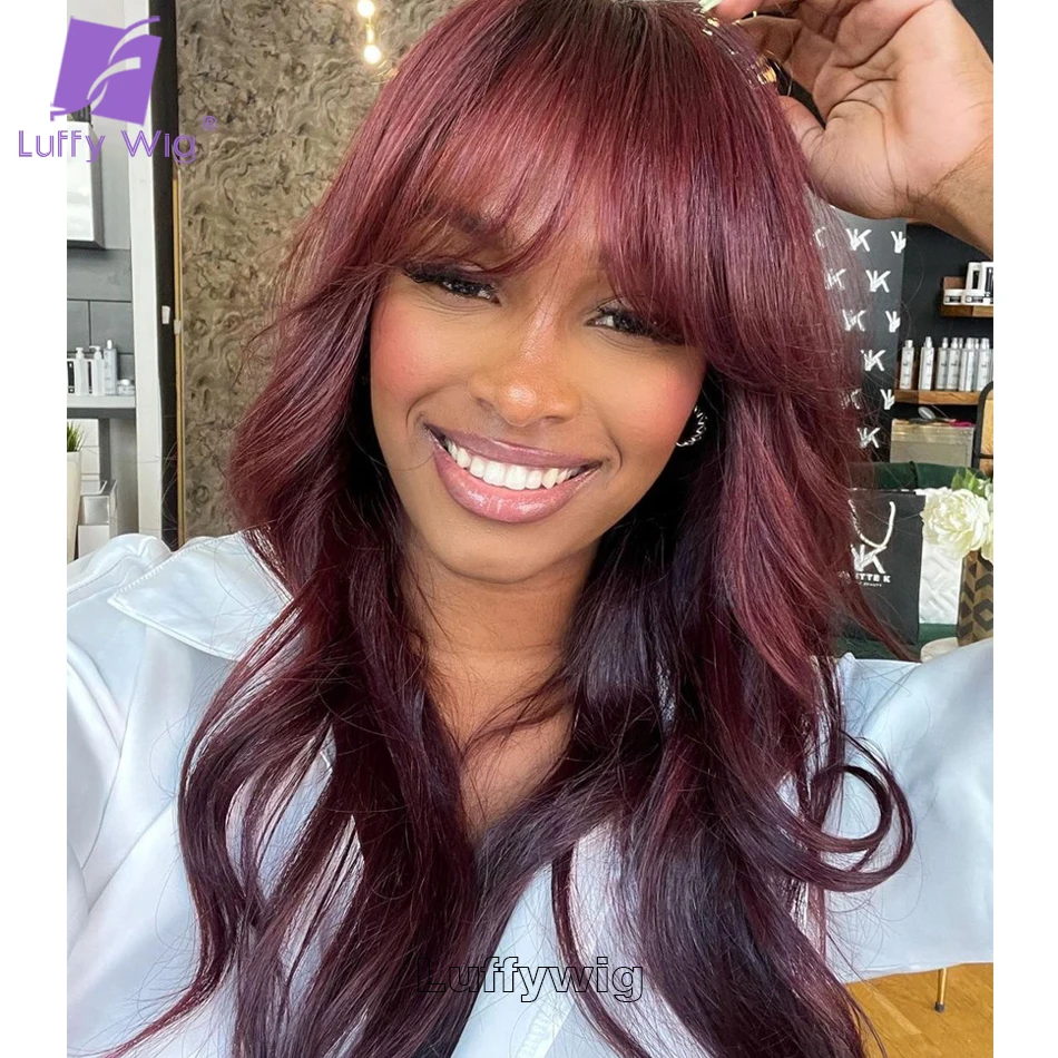 Top Trends: #99j Color Burgundy Wavy Wig With Bangs Human Hair Full Machine Made Scalp Top Wig 180 Density Red Remy Brazilian Wigs For Women Shoppable Styles