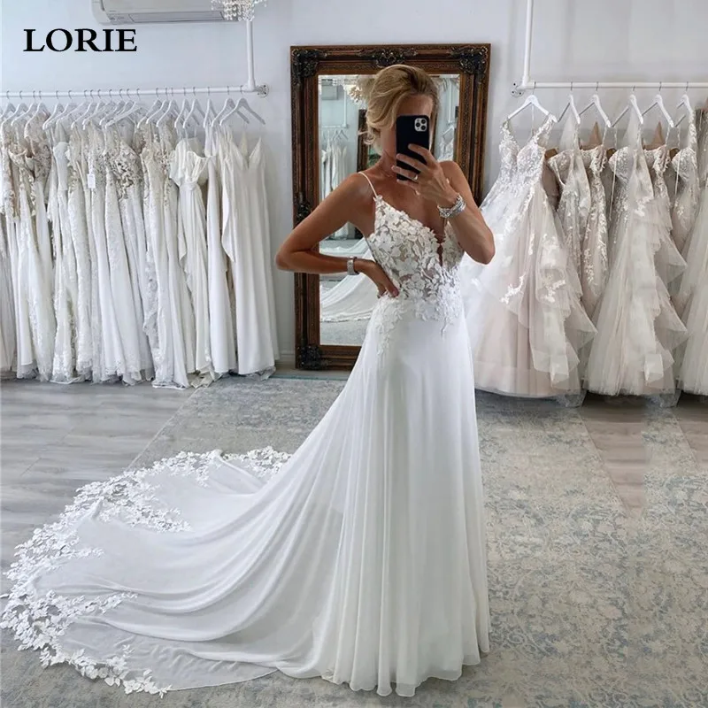 Top Trends: LORIE Lace Boho Wedding Dresses V Neck Spathetti Straps A Line Bride Dresses Floor Length Chiffon Wedding Gowns 2023 Shoppable Styles