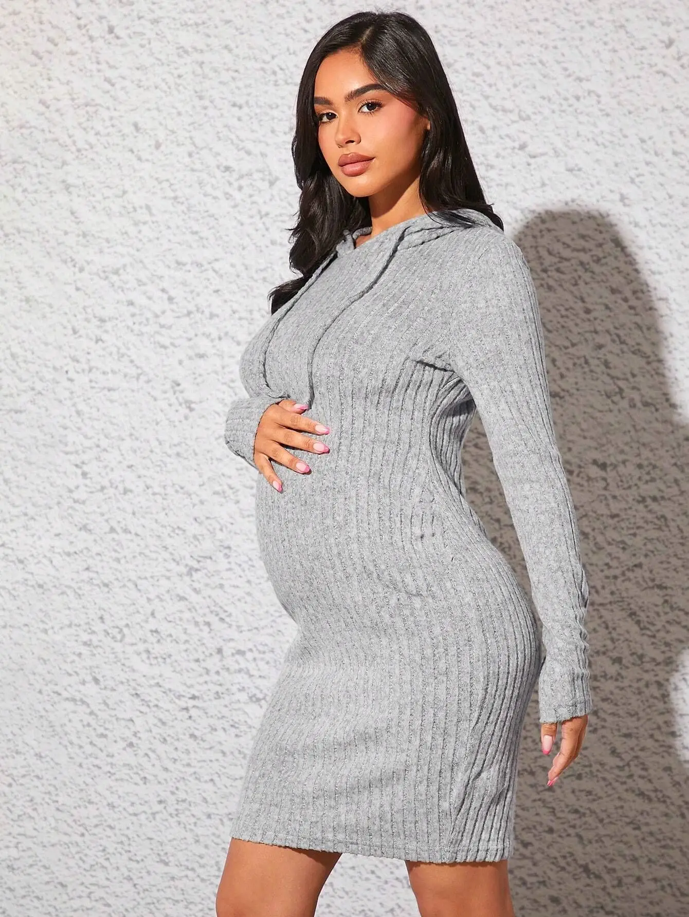 Top Trends: Women Maternity Autumn Ribbed Knit Dress Fashion Premama Long Sleeve Solid Hooded Midi Dresses Pregnant Slim Bodycorn Party Gown Shoppable Styles