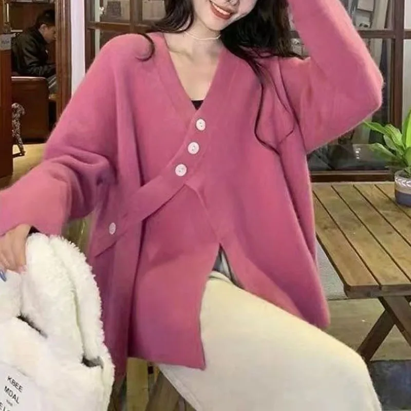 Top Trends: 2023 New Autumn Fashion Solid V-Neck Split Small And Unique Design Sense Long Sleeve Temperament Commuter Mid Length Sweater Shoppable Styles