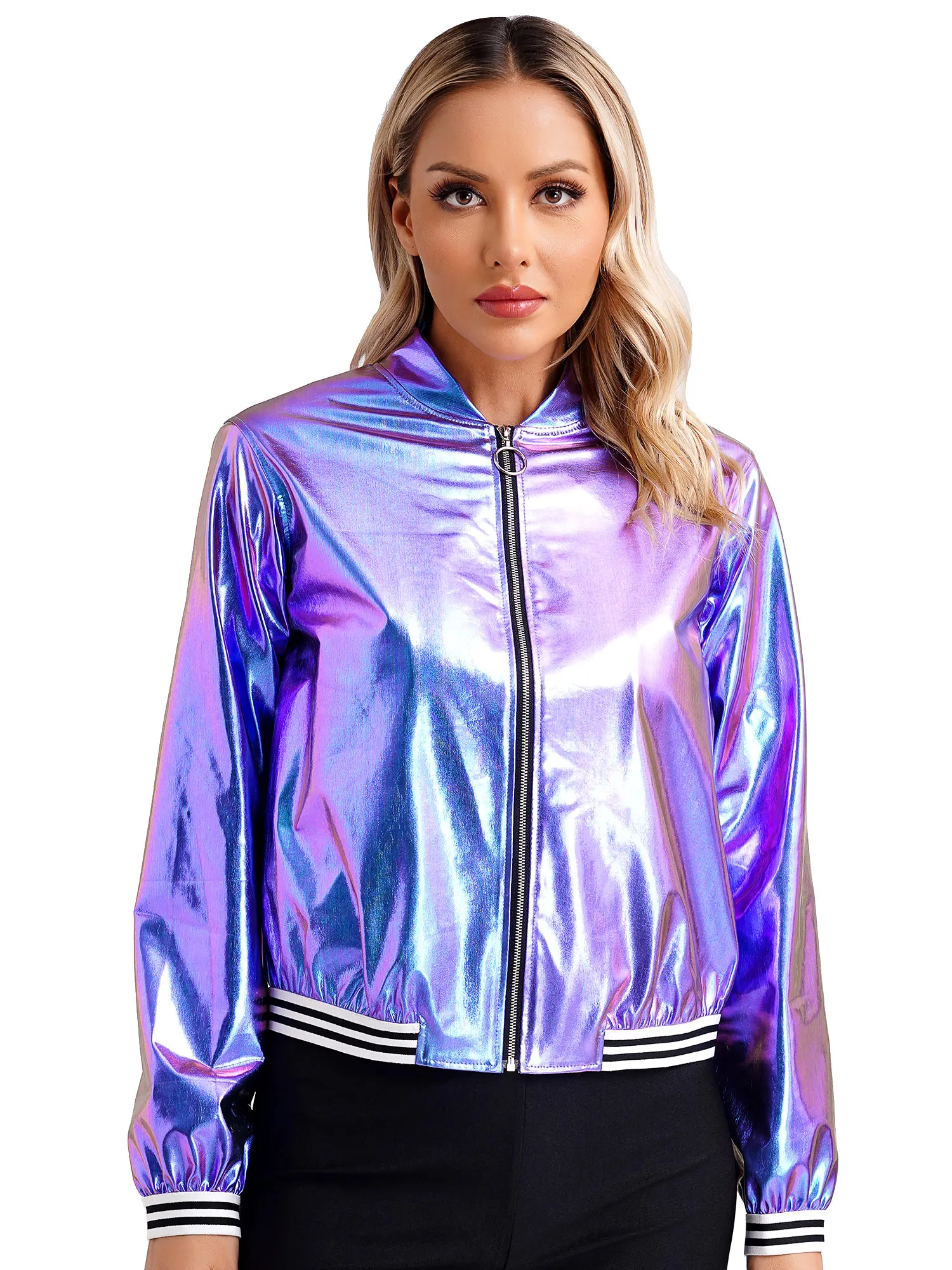 Top Trends: 2023 Womens Holographic Metallic Shiny Bomber Jacket Casual Long Sleeve Front Zipper Striped Band Outerwear Baseball Jacket Coat Shoppable Styles