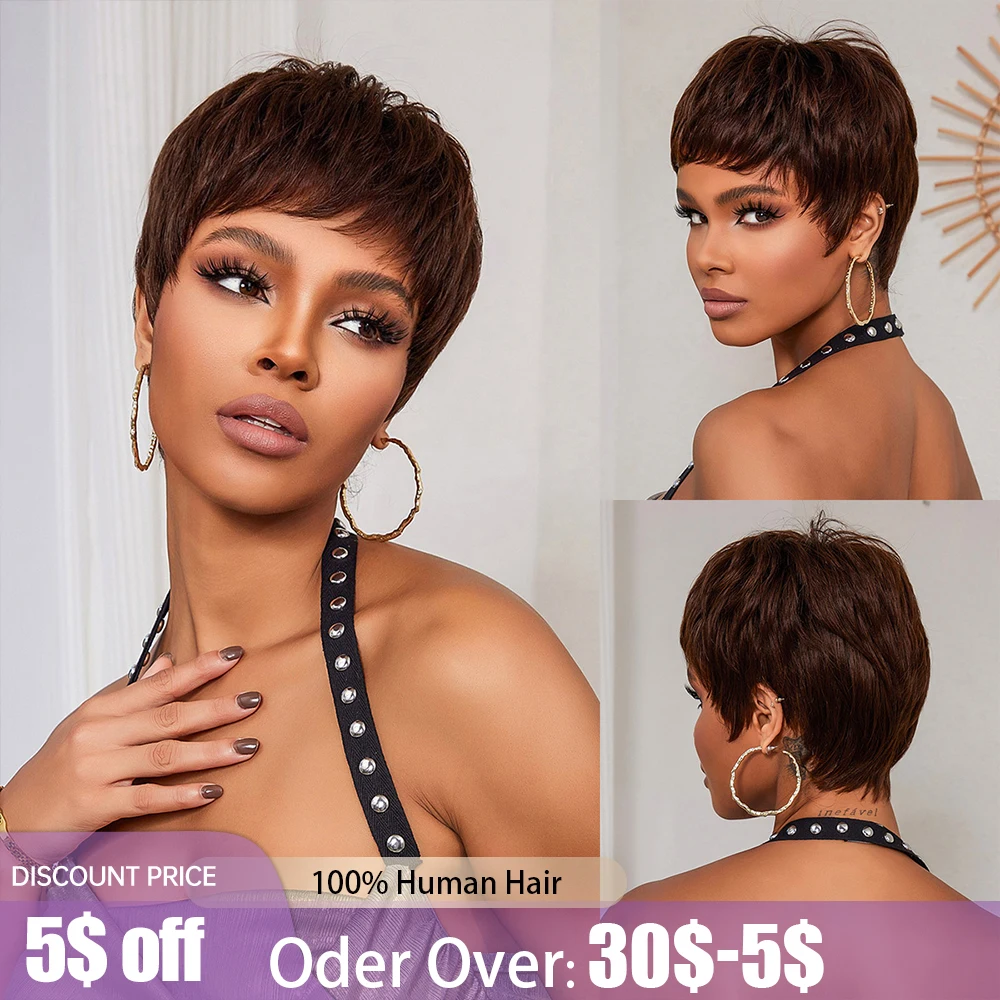 Top Trends: 100% Remy Human Hair Wig For Brazilian Women Chocolate Brown Pixie Cut Short Human Hairs Wig Natural Straight Bob Wig With Bangs Shoppable Styles