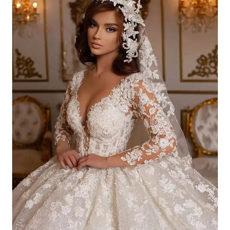 Top Trends: 2023 New Retro Lace Wedding Dresses Princess Ball Gown Beading Bridal Gowns Shinny Long Sleeves Ivory Dubai Marriage Court Train Shoppable Styles