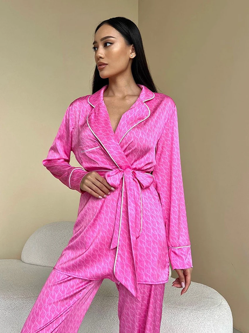 Top Trends: Marthaqiqi Satin Femme Pajama Set Long Sleeve Sleepwear Turn-Down Collar Nightwear Lace Up Robe Pants Women Nightie 2 Piece Suit Shoppable Styles