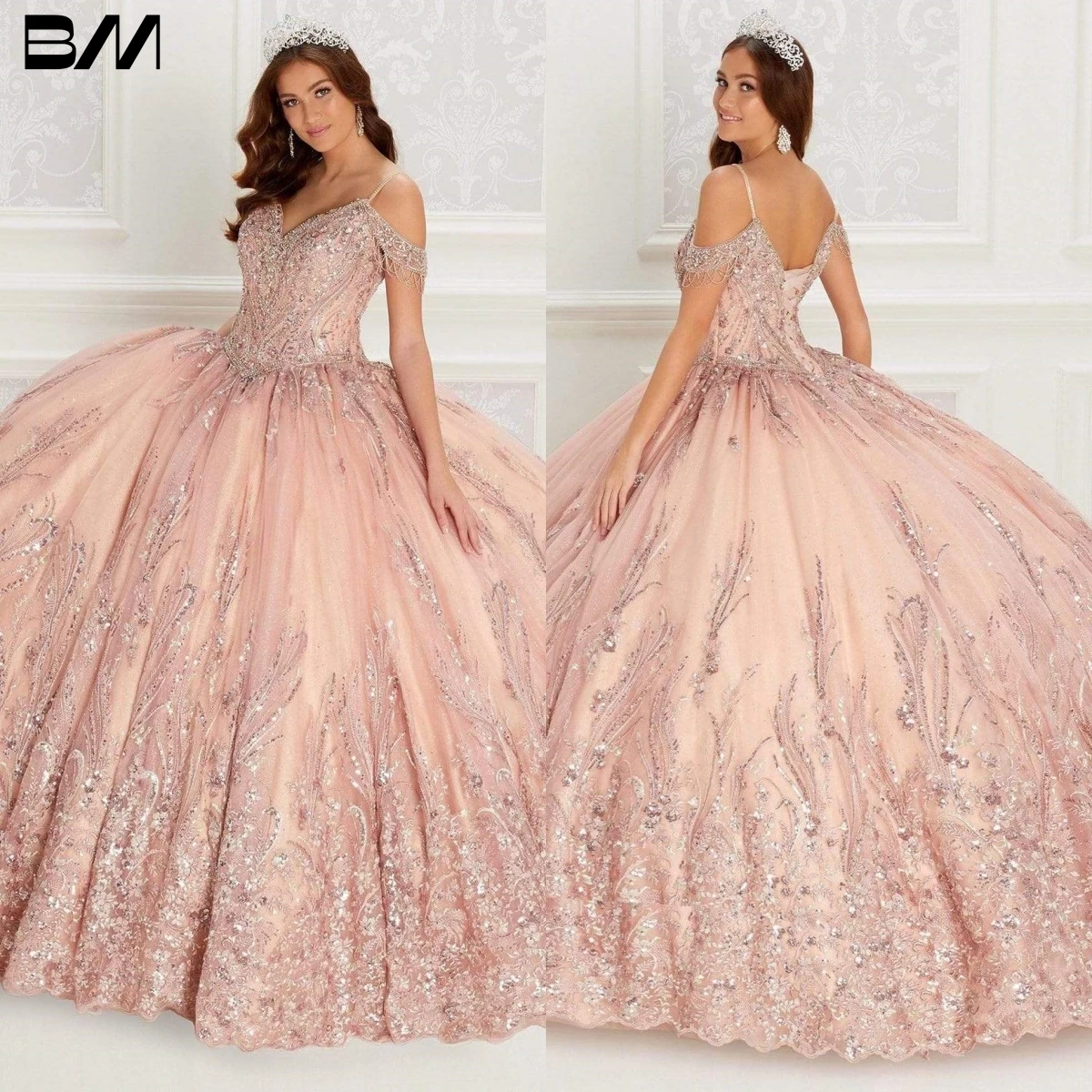 Top Trends: Cold Shoulder Beaded Floral Gown Quinceanera Dress 2023 Novelty Sequin Basque Glitters Scallop Vestidos De 15 Quinceañera Shoppable Styles