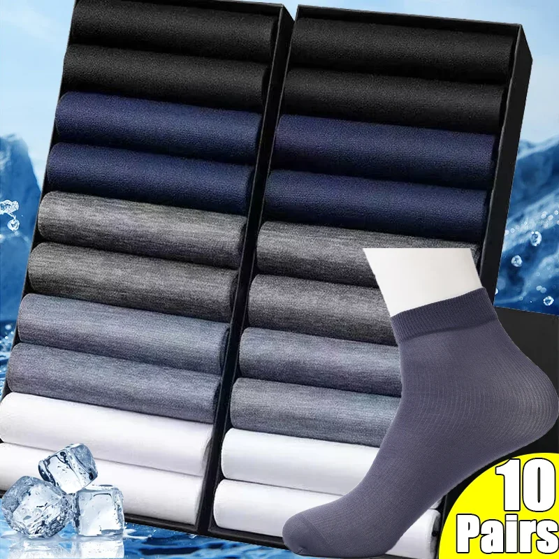 Top Trends: 10Pairs Men&#039;s Ice Silk Socks Breathable Long Stocking Sports Bamboo Fiber Sox Summer Thin Stripe Absorption Business Ankle Sock Shoppable Styles