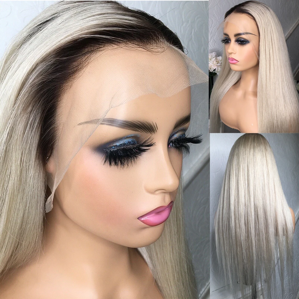 Top Trends: Long Straight Platinum Ash Blonde Lace Front Human Hair Wigs Pre Plucked Ombre 13x6 360 Lace Frontal Wig Dark Roots Brazilian La Shoppable Styles