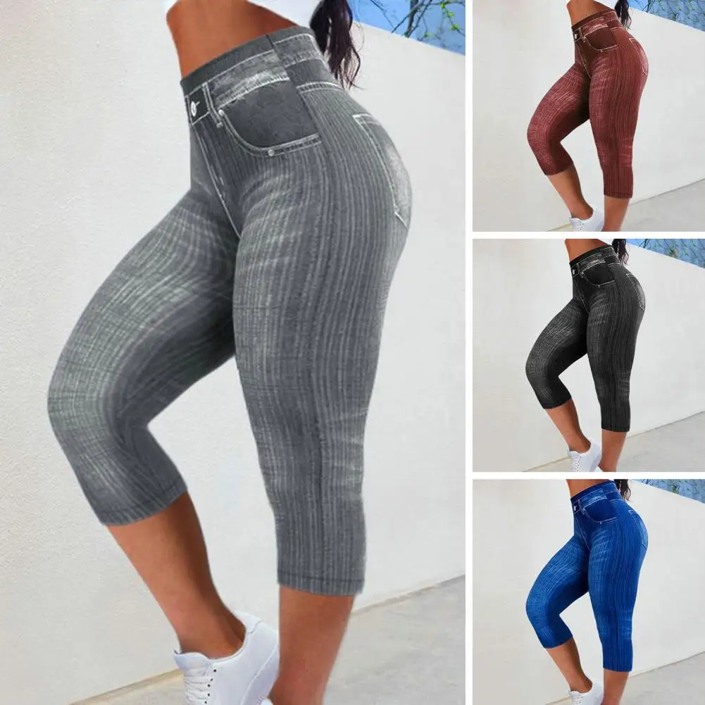 Top Trends: Women Cropped Pants Stretch Fitness Fake Pockets High Waist Butt-lifted Faux Denim Jeans Soft Casual Thin Pencil Pants Shoppable Styles