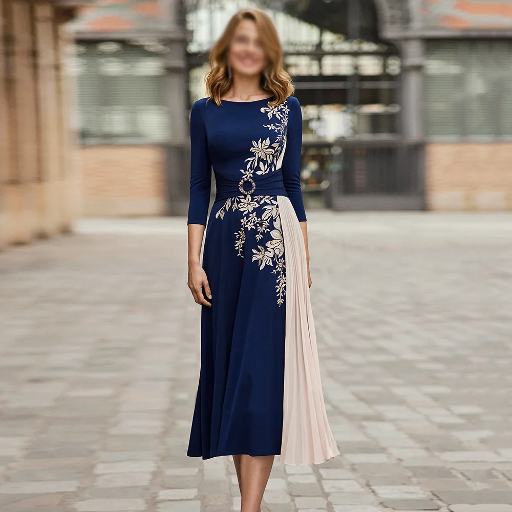 Top Trends: Navy Blue Mother Of The Bride Dresses Lace Appliques Pleat Tea-Length Wedding Guest Dress Simple Long 3 / 4 Sleeve Prom Gowns Shoppable Styles