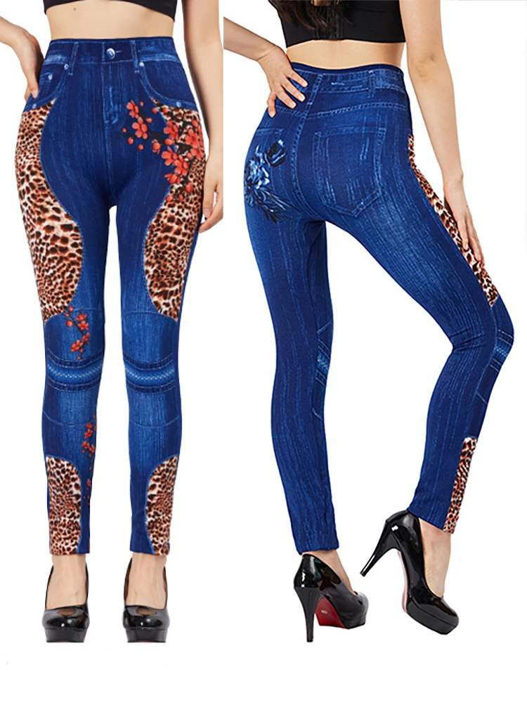 Top Trends: CUHAKCI Leopard Plum Blossom Print Fake Jeggings Women Slim Fit Pencil Pants Stretch Blue False Jeans Imitation Denim Leggings Shoppable Styles