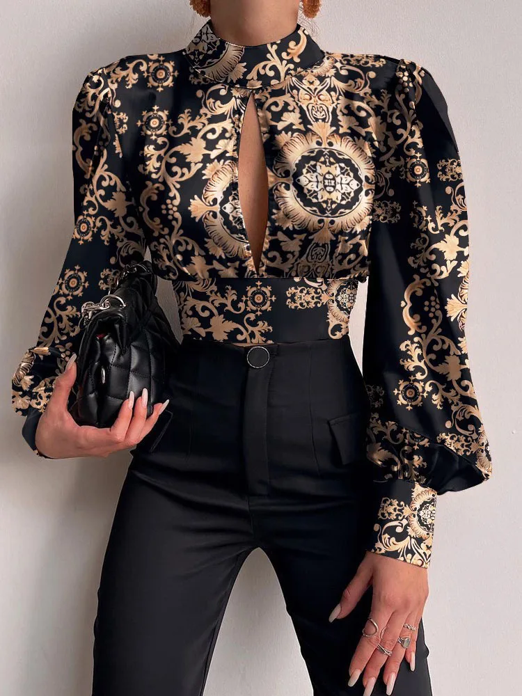 Top Trends: Spring Women Sexy Backless Hollow Print Shirts Tops 2023 Casual Stand Long Sleeve Office Lady Blouses Fashion Party Crop Top Shoppable Styles