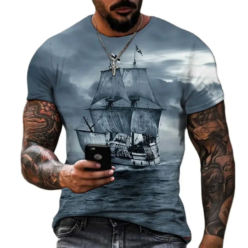 Top Trends: Vintage Men Ship T-shirts 3D Printed Pirate Ship Crew Neck Short Sleeve T Shirt For Men Oversized Tops Tee Shirt Homme Camiseta Shoppable Styles