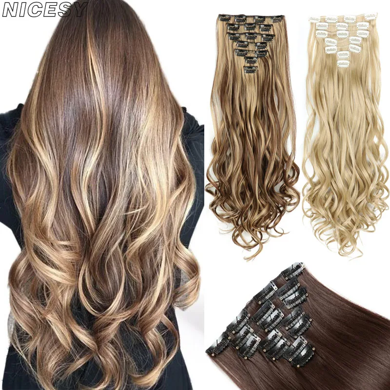 Top Trends: 7Pcs / Set 16 Clips Hair Extension Long Wavy Synthetic Hairpiece Straight Hair Pieces Black Brown Mixed Color For Women Shoppable Styles