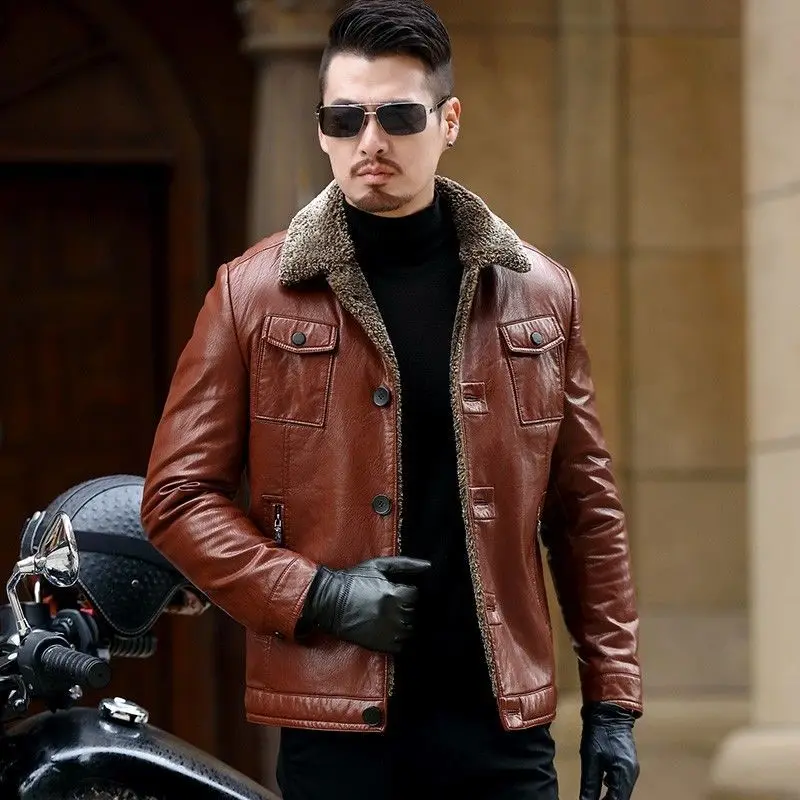 Top Trends: Middle-Aged Men Leather Coat Winter Fleece-Lined Thicken Solid Color Outwear Men Fashion Casual Large Size Lapels Leather Jacket Shoppable Styles