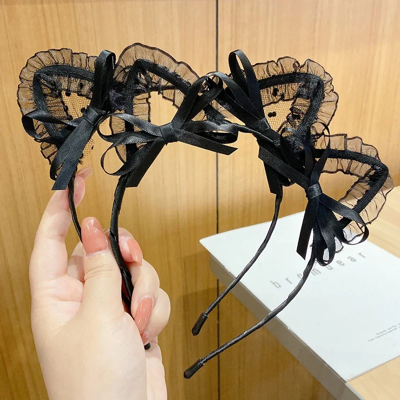 Top Trends: Cat Ears Headband Necklace Bear Ears Bowknot Hairband Black Lace Choker Women Cosplay Party Dance Headwear Hair Accessories Shoppable Styles - Image 4