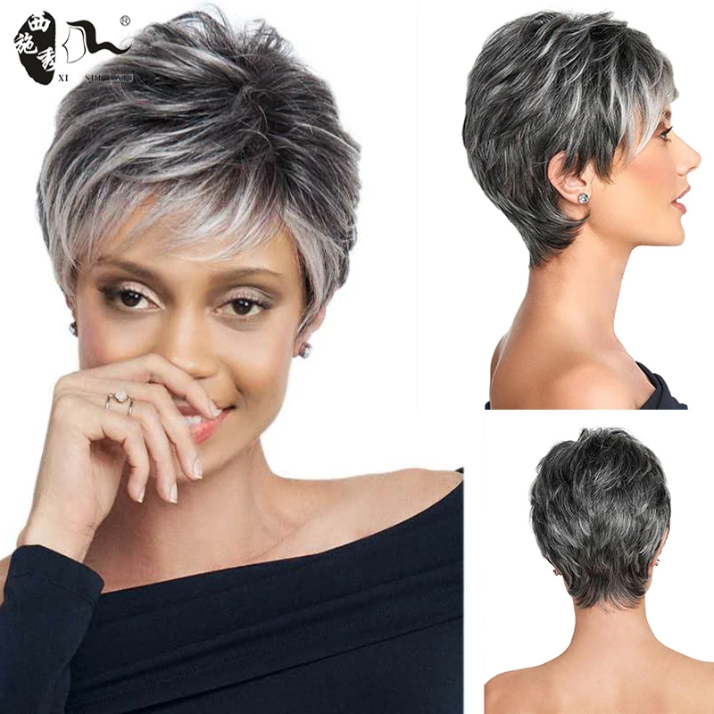 Top Trends: Short Mixed Gray Pixie Cut Synthetic Wig With Bangs For Women Soft Natural Straight Wave Fake Hair For Chemo Patient Mommy Wigs Shoppable Styles