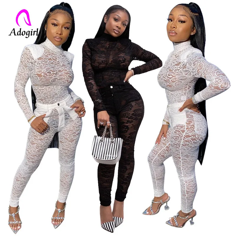 Top Trends: 2020 New Spring Women Sets Turtleneck Full Sleeve Mesh Bodysuit + Pants Suit 2 Piece Set Lace Sexy Night Club Tracksuits Outfits Shoppable Styles