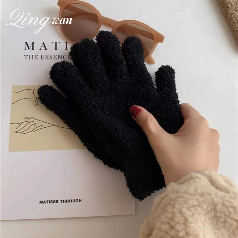 Top Trends: Winter Cute Plush Gloves For Women Ins Korean Solid Color Warm Coral Velvet Full Finger Gloves Girls Kawaii Riding Gloves Shoppable Styles