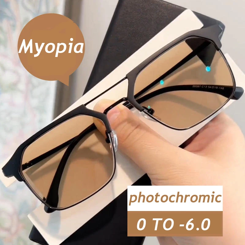 Top Trends: Double Beam Frame Photochromic Myopia Glasses Unisex Women Men Near Sight Eyewear Diopter 0 To -6.0 Luxury Ladies Sunglasses Shoppable Styles