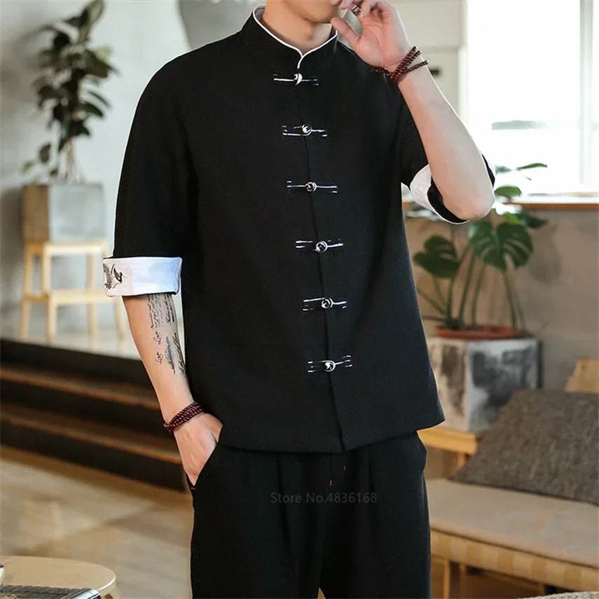 Top Trends: Summer Crane Embroidery Top Traditional Chinese Clothing For Men Vintage Half Sleeve Linen Shirts Madarin Collar Hanfu Kungfu Shoppable Styles