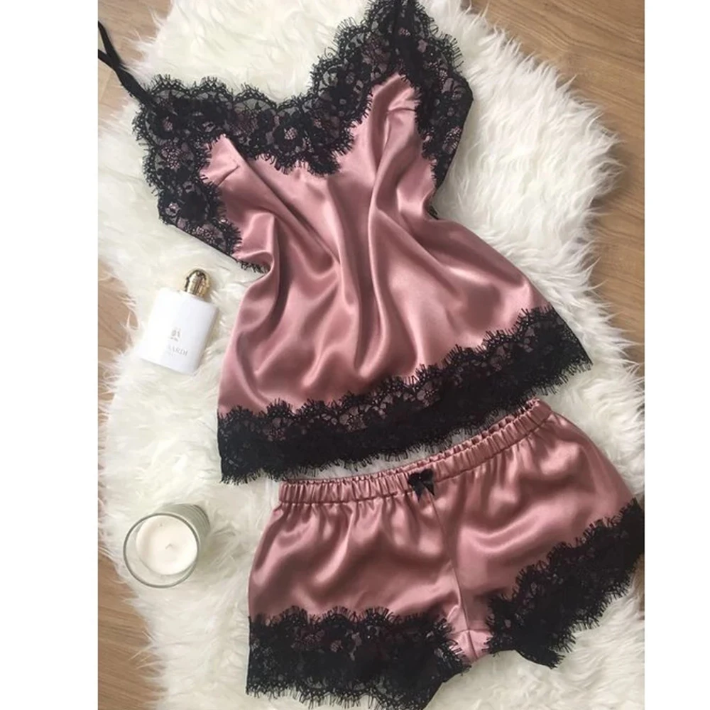 Top Trends: Women Pajama Suit Fashion V-Neck Stretch Satin Babydoll Lace Sexy Lingerie Bowknot Pyjamas Sleep Shorts Set Sleepwear New Shoppable Styles