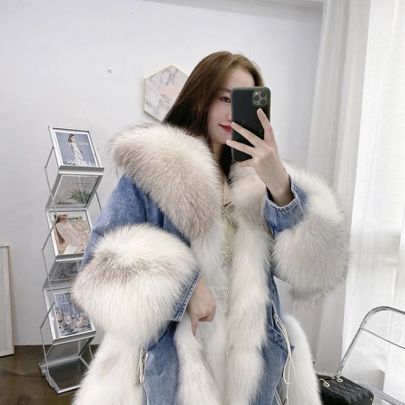 Top Trends: Winter Faux Fox Fur Cowboy Patchwork Fur Coat Women Jean Jacket Denim Coat Warm Parkas Cotton-padded Jacket Loose Outerwear Shoppable Styles - Image 3