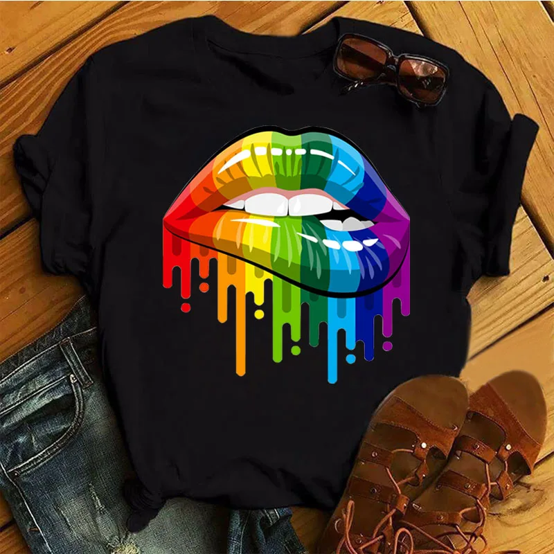 Top Trends: Colorful Mouth Print T Shirt New Women T Shirt Short Sleeve Tops Female Graphic Tee Shirts Ladies Fashion Black T-shirt Clothes Shoppable Styles