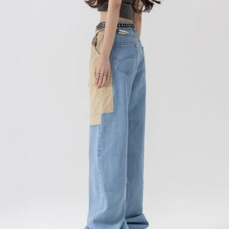 Top Trends: American Fashion Spicy Girls Contrast Color Wide Leg Jeans Women's 2023 Summer Thin Design Button Pockets Zipper Straight Pants Shoppable Styles - Image 6