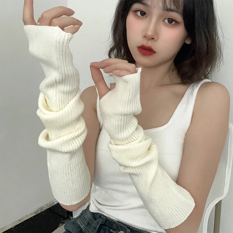 Top Trends: Knitted Long Fingerless Gloves Women Mitten Winter Y2K Solid Arm Warmer Arm Sleeve Fashion Casual Soft Girls Clothes Punk Gloves Shoppable Styles