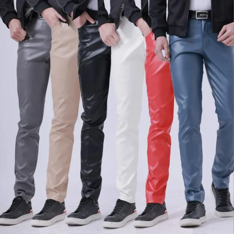 Top Trends: #2204 Spring Autumn Stretch Skinny Faux Leather Pants Men Black White Red Blue Khaki Grey PU Pants Plus Size 40 Men Joggers Shoppable Styles