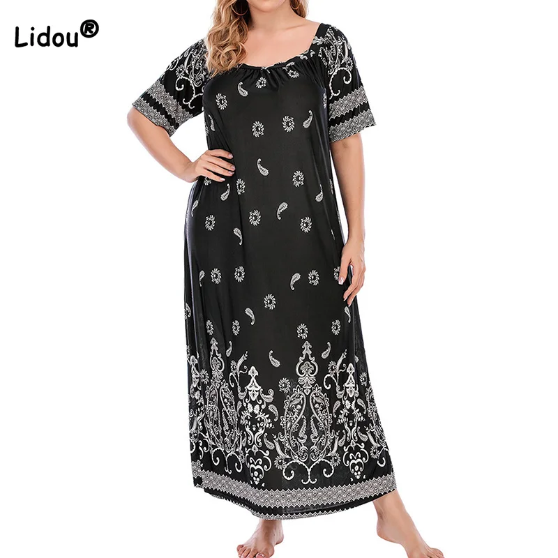 Top Trends: Ethnic Style Plus Size Women's Clothing Round Neck Indie Folk Printing Half Sleeve Summer Clothes Ice Silk Loose Long Dresses Shoppable Styles