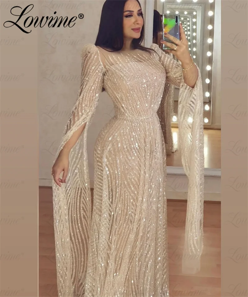 Top Trends: Beads Sequins Cape Sleeve Evening Dress 2023 Dubai Arabic Party Dresses Prom Gown Plus Size Champagne Mermaid Celebrity Dresses Shoppable Styles