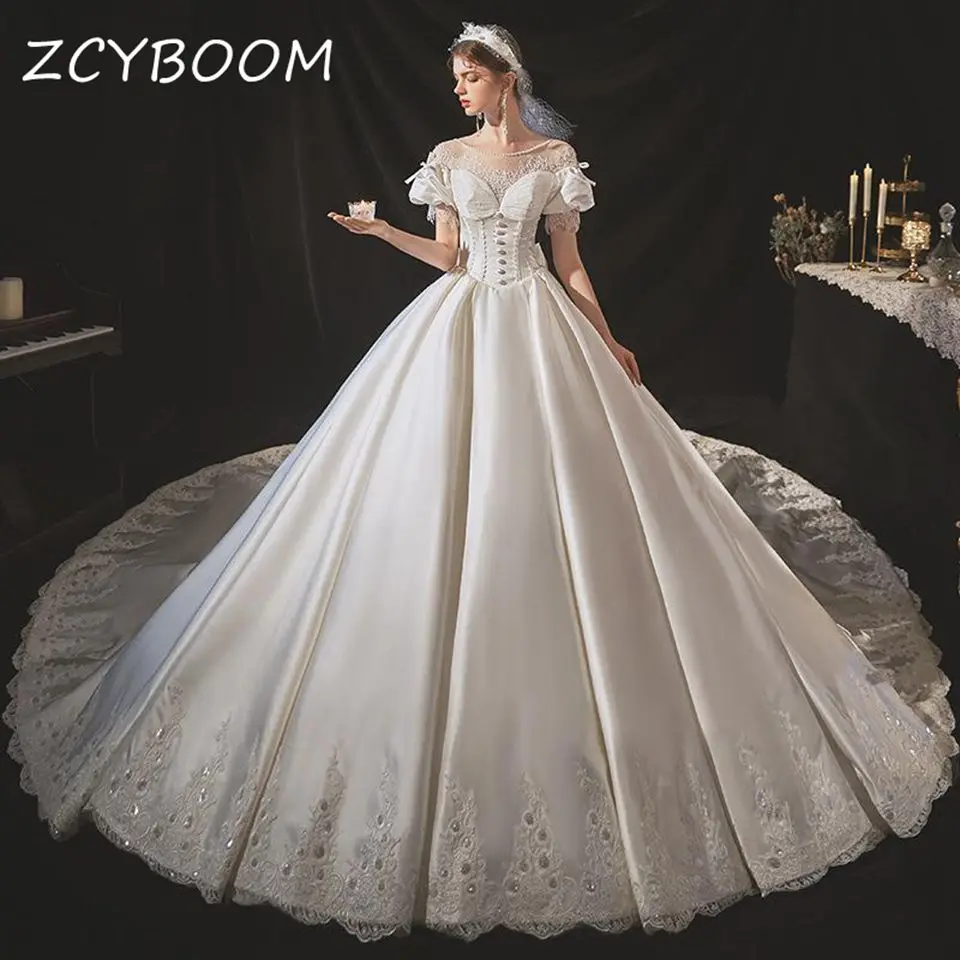 Top Trends: Gorgeous White Appliques A-Line Satin Wedding Dresses Short Sleeves Open Back Lace Up O-Neck Court Train Bridal Gown For Women Shoppable Styles