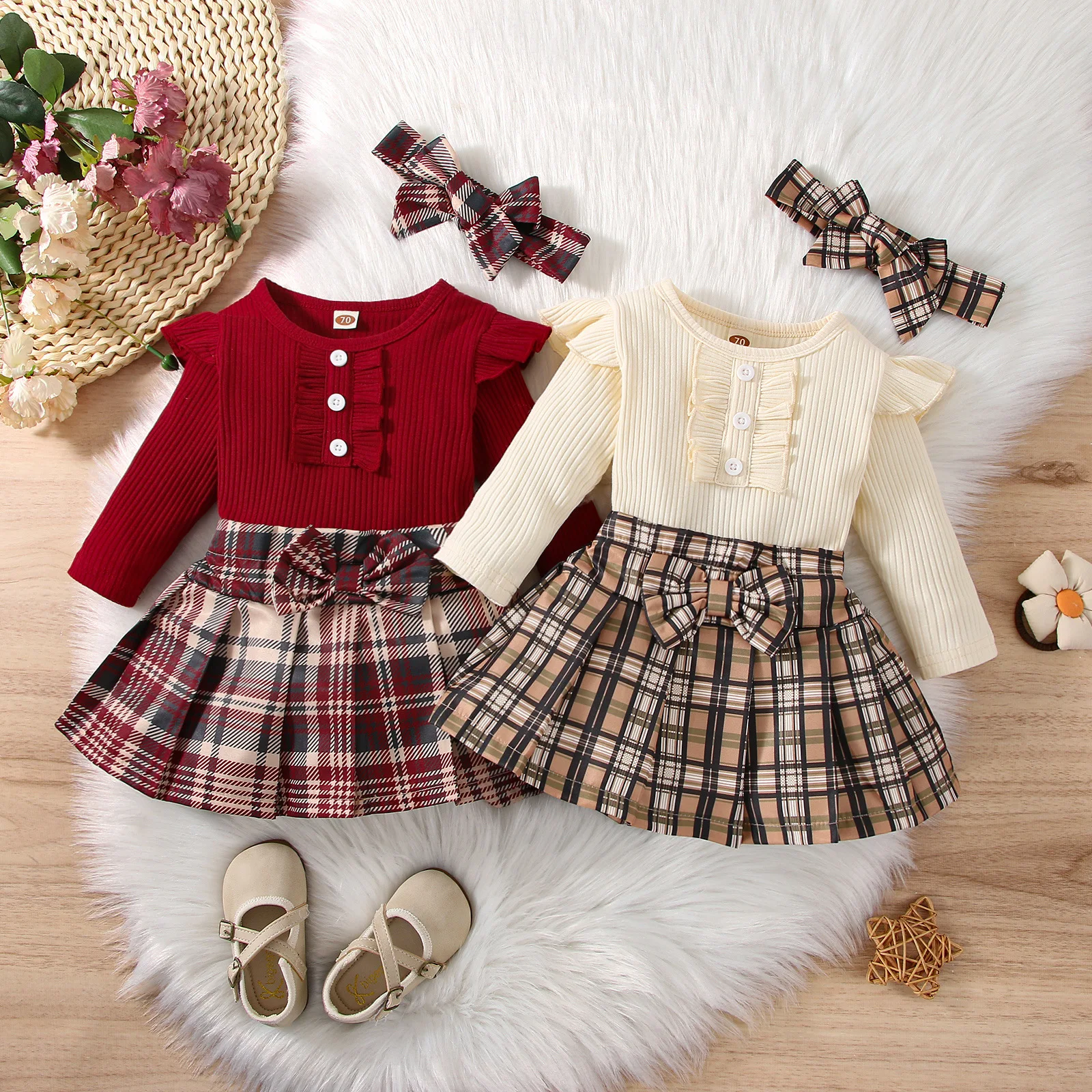 Top Trends: 0-18M Autumn Winter Baby Girls Clothes Set Long Sleeve Flying Sleeve Plaid Skirt Infant Headband Girl 3Pcs Outfits Clothing Suit Shoppable Styles