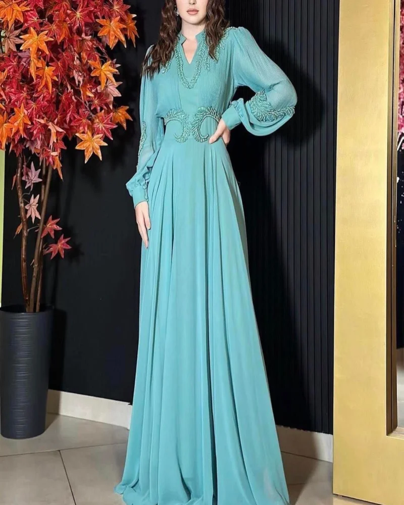 Top Trends: Epoch Chiffon Evening Dress Elegant Straight Shiny Sequined Arabia V-Neck Long Sleeve Empire Custom Made Homecoming Prom Gown Shoppable Styles