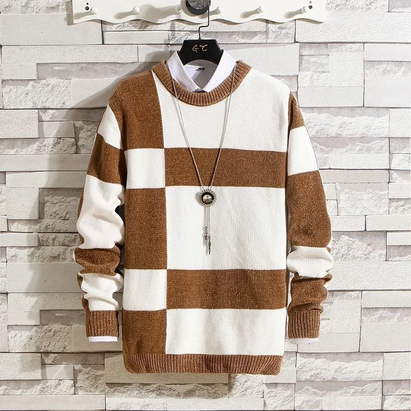 Top Trends: Autumn Winter Soft Warm Knitted Chenille Sweater Men Round Neck Stripe Contrast Fashion Pullover Top Homme Shoppable Styles