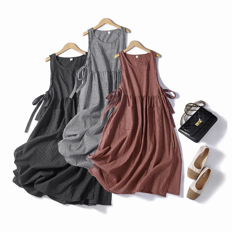 Top Trends: Casual Loose Women Clothes 2023 New Summer Japan Style Cotton Sleeveless Vest Dresses Vintage Literary Plaid Tank Dress Robe Shoppable Styles