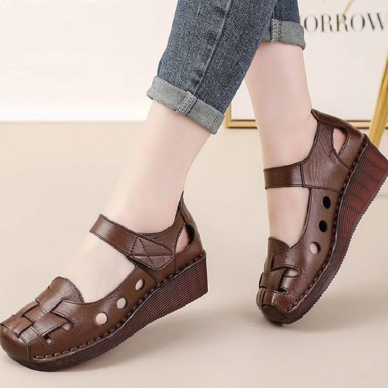 Top Trends: High Quality Roman Sandals Women's Summer Genuine Leather Weave Shoes Mom Gladiator Lady Closed Toe Elderly Flat Wedged Sandals Shoppable Styles