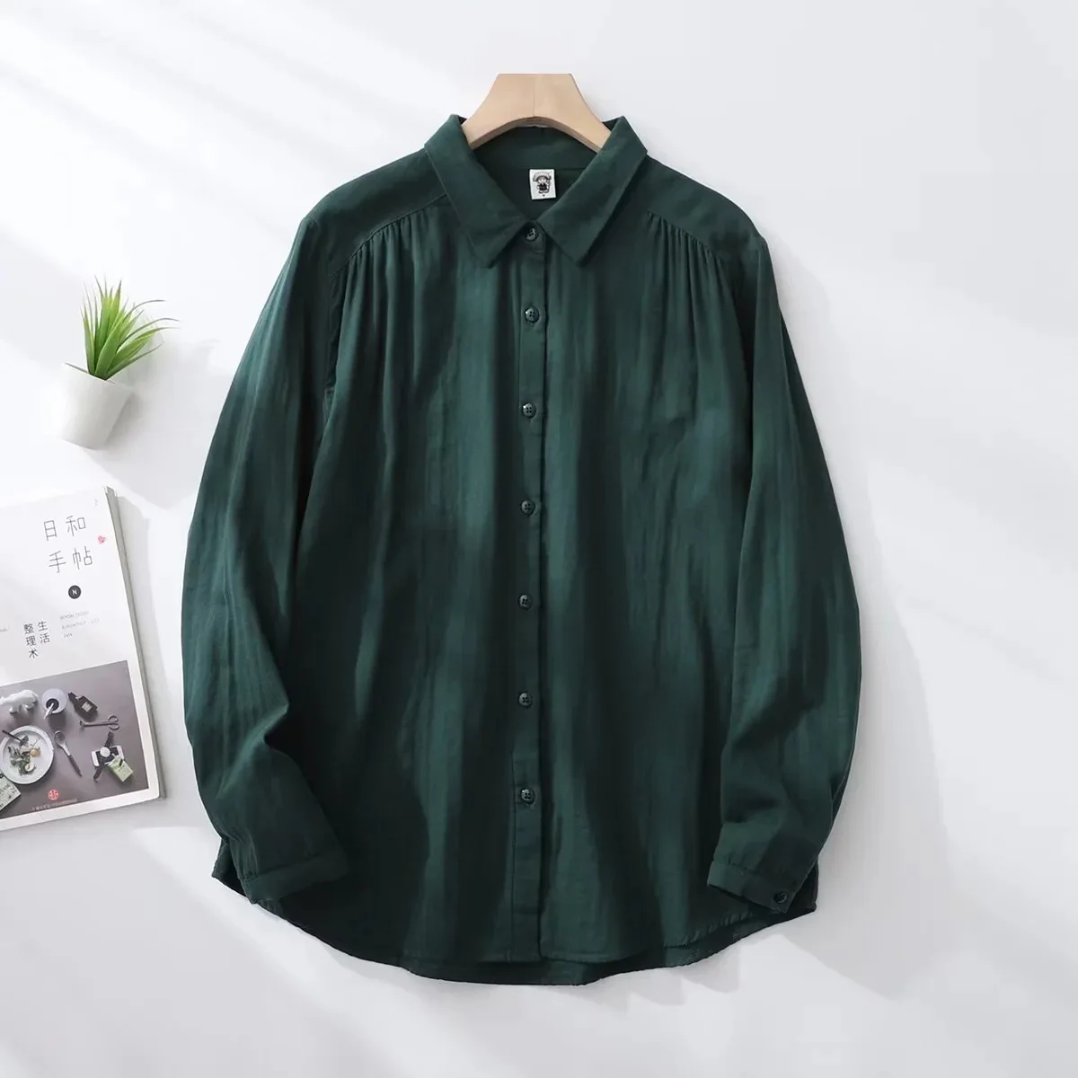 Top Trends: 100% Cotton Dark Green Blouses Mori Girl Japan Style Brief Vintage Long Sleeve Turndown Collar Solid Backing Shirts Tall Tops Shoppable Styles