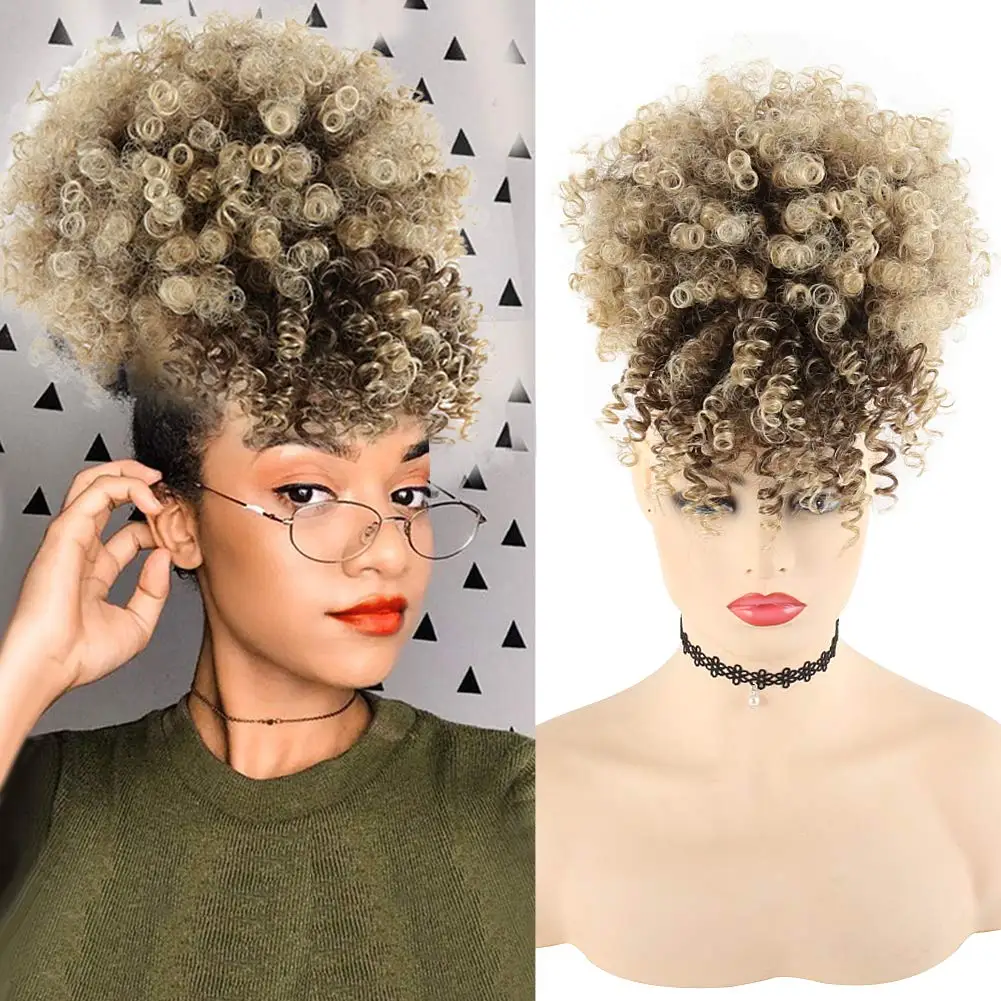 Top Trends: Short Kinky Curly Chignon With Bangs Synthetic Hair Bun Drawstring Ponytail Afro Puff Hair Pieces For Women Shoppable Styles