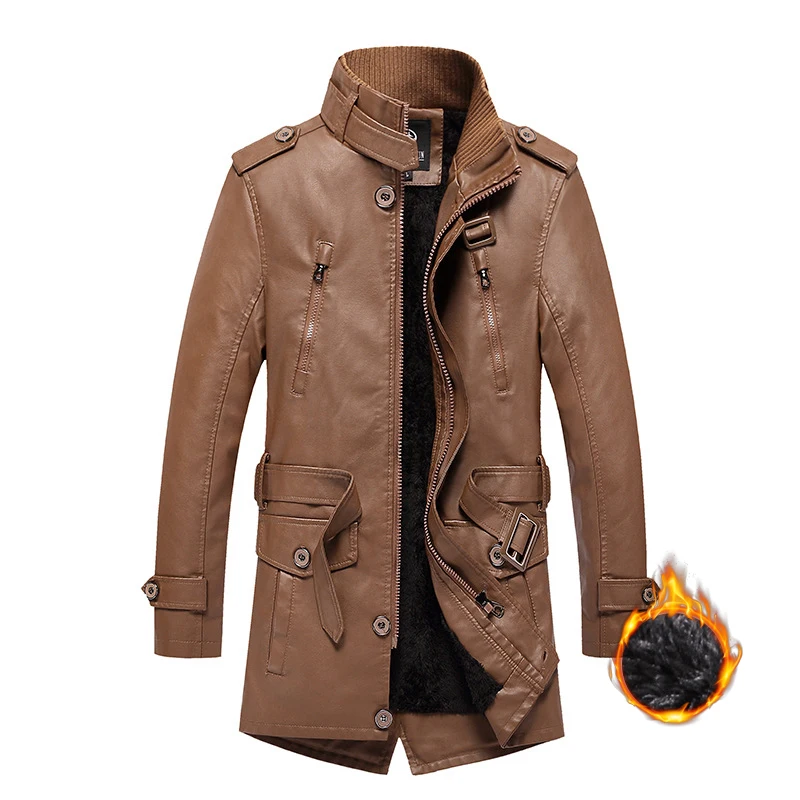 Top Trends: New Men Winter Pu Leather Jacket Men Fleece Stand Collar Medium Length Men Autumn Casual Windproof Warm Leather Jacket Male Coat Shoppable Styles