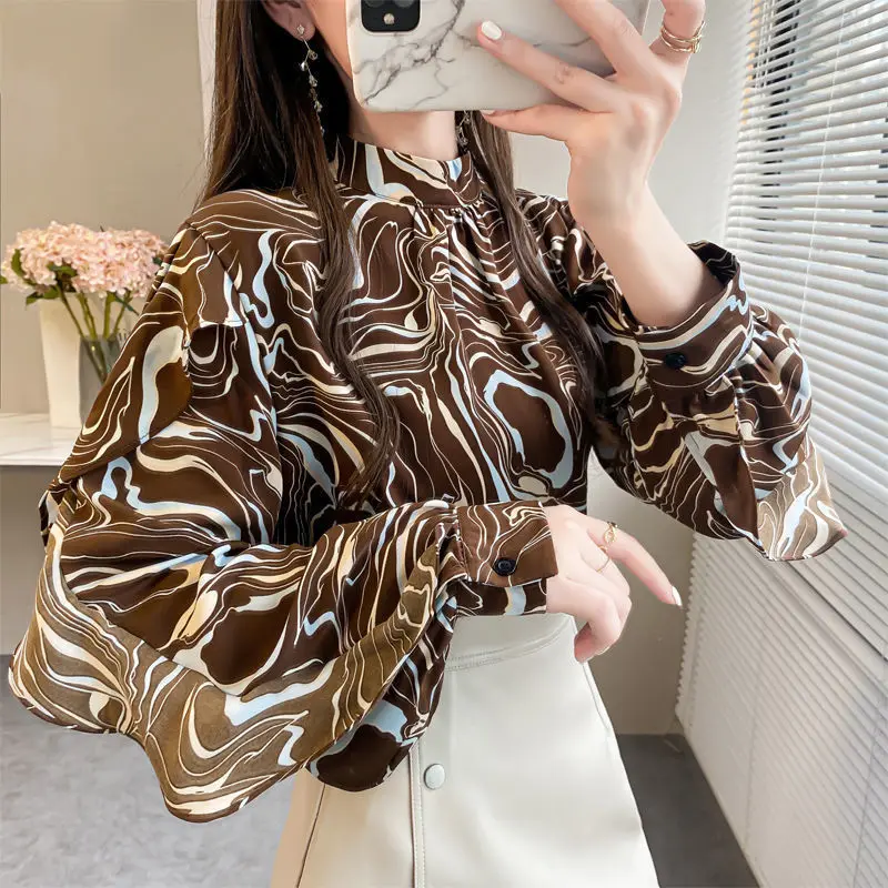 Top Trends: Elegant Stand Collar Printed Ruffles Lantern Sleeve Loose Chiffon Shirt Plus Size Long Sleeve Commute Women's Clothing Blouse Shoppable Styles