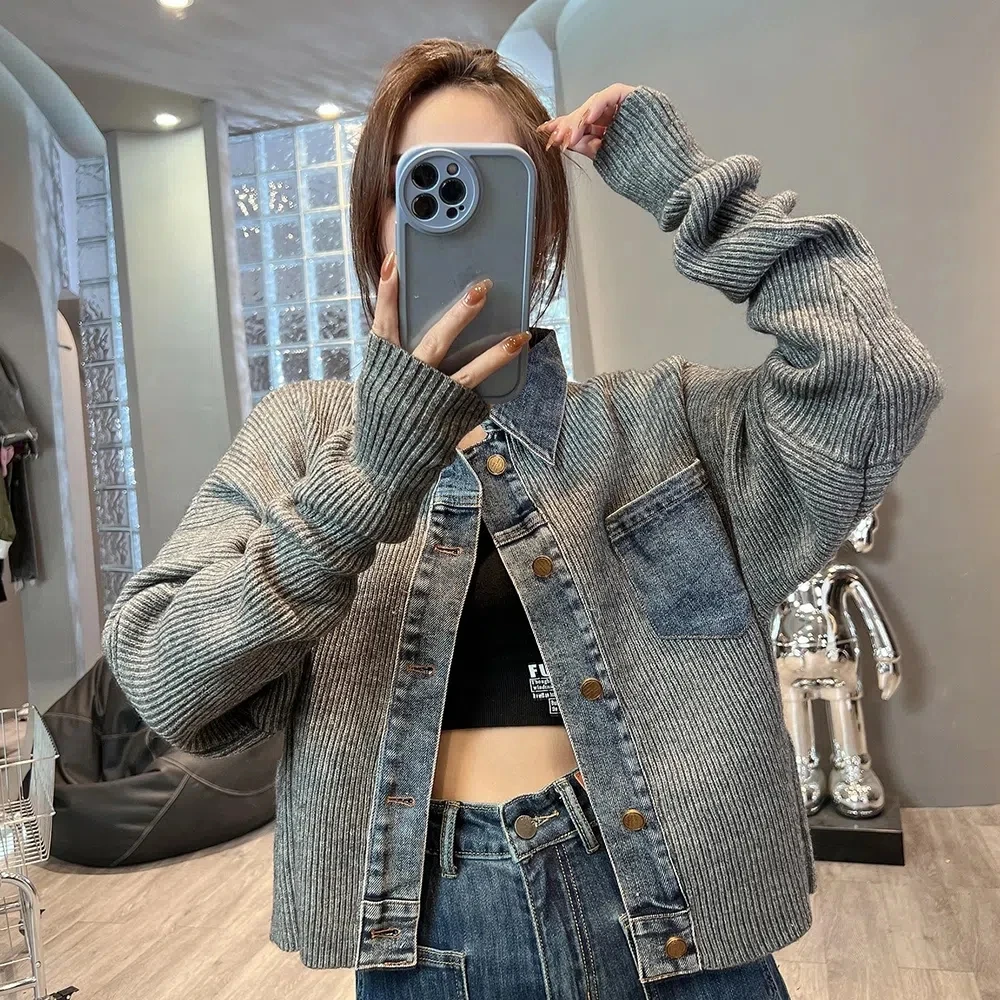 Top Trends: Women Vintage Denim Patchwork Sweater Cardigan Korea Fashion Harajuku Short Knitted Jacket Single Breasted Long Sleeve Knitwear Shoppable Styles - Image 3