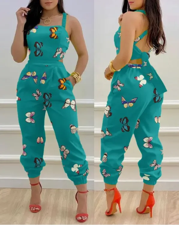 Top Trends: Elegant Jumpsuit Women Summer 2022 New Fashion Butterfly Print Crisscross Lace Up Details Backless Long Jumpsuit Shoppable Styles