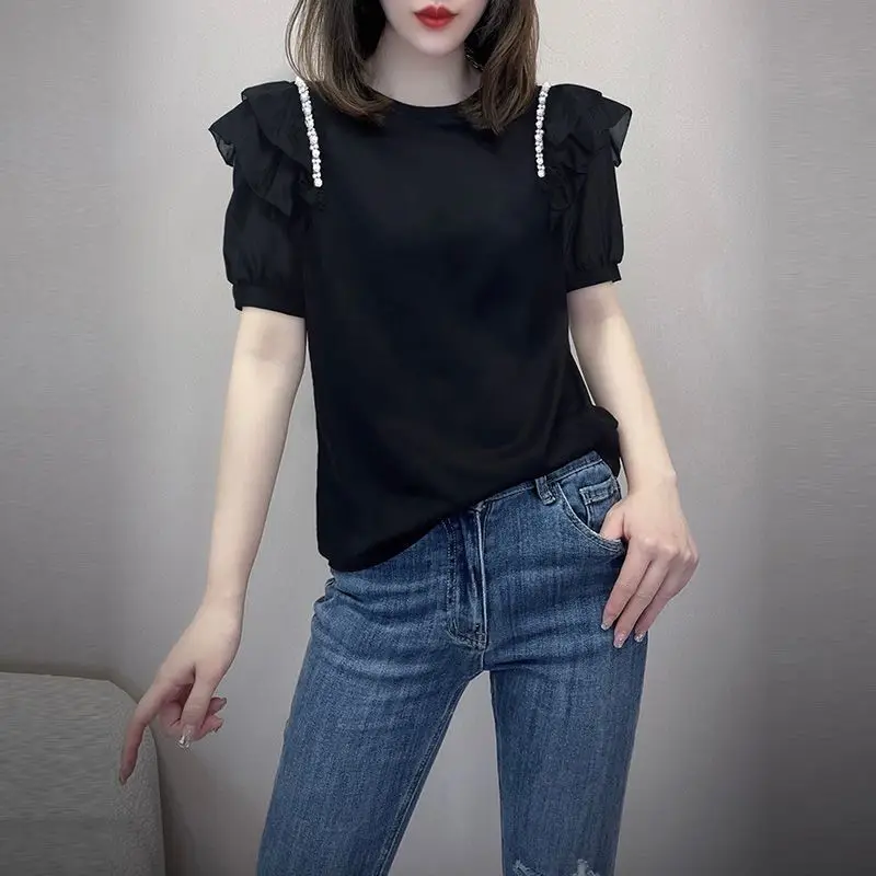 Top Trends: Summer New Round Neck Black Ruffles Beading T-shirt Ladies Short Sleeve Casual Fashion Pullover Tops Women Loose All-match Tee Shoppable Styles