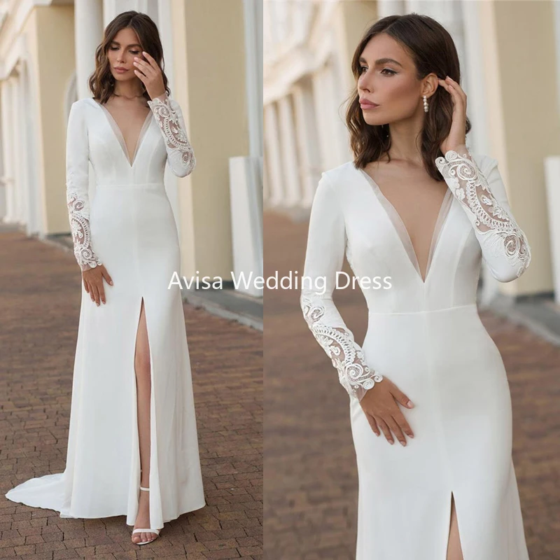 Top Trends: Sexy V-Neck Mermaid Wedding Dress Long Sleeves Lace Appliques High Split Elegant Backless Bridal Gowns Modern Vestidos De Noiva Shoppable Styles