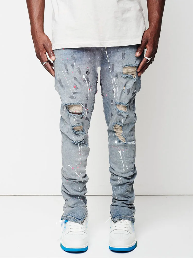 Top Trends: New Design Men Jeans Man Paint Slim Fit Cotton Ripped Denim Pants Knee Hollow Out Light Blue Jeans For Men Streetwear Shoppable Styles