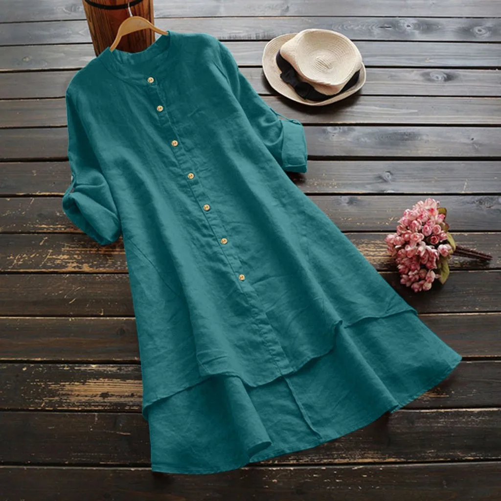 Top Trends: Women Solid Shirt Long Sleeve Loose Button O Neck Blouse Casual A Line Blouse Dress Fashion Summer Plus Size Cotton Linen Shirts Shoppable Styles