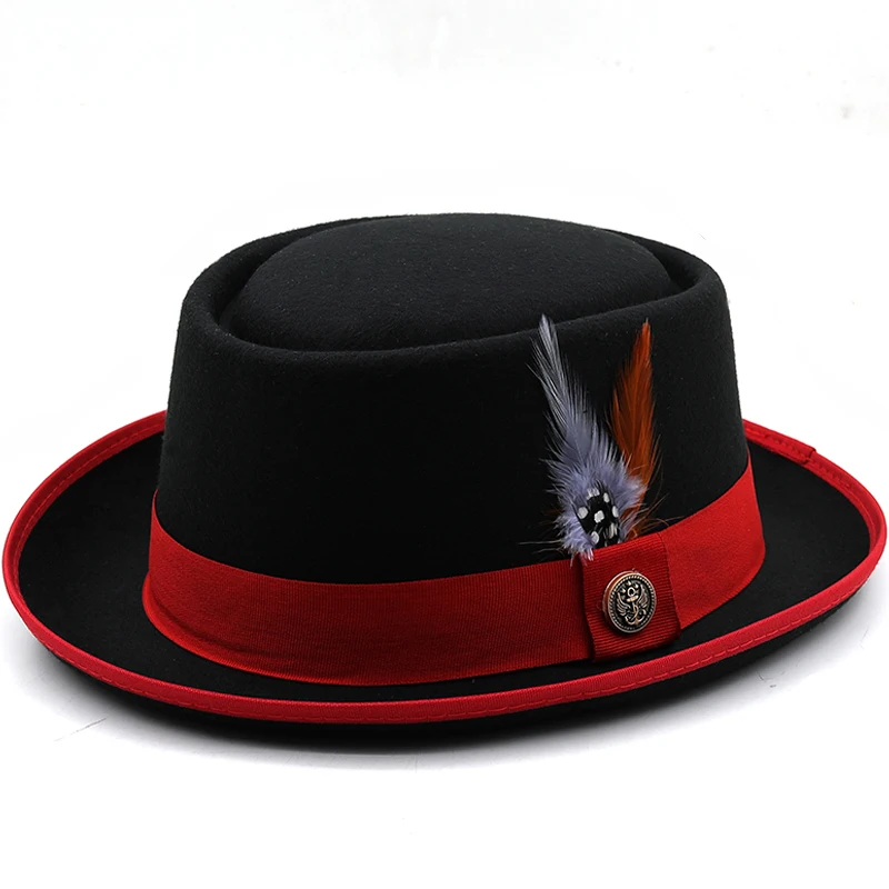 Top Trends: Fashion Women Men Pork Pie Hat Dad Wool Flat Fedora Hat Lady Gentleman Gambler Panama Trilby Hat With Fashion Feather Size 58CM Shoppable Styles