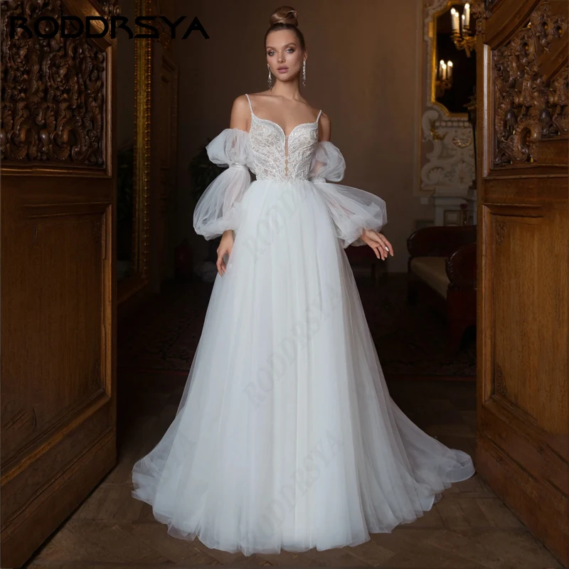 Top Trends: RODDRSYA Princess White A-Line Tulle Wedding Dress Boho Lantern Long Sleeve Suknia ślubna Spaghetti Straps Sweetheart For Bride Shoppable Styles